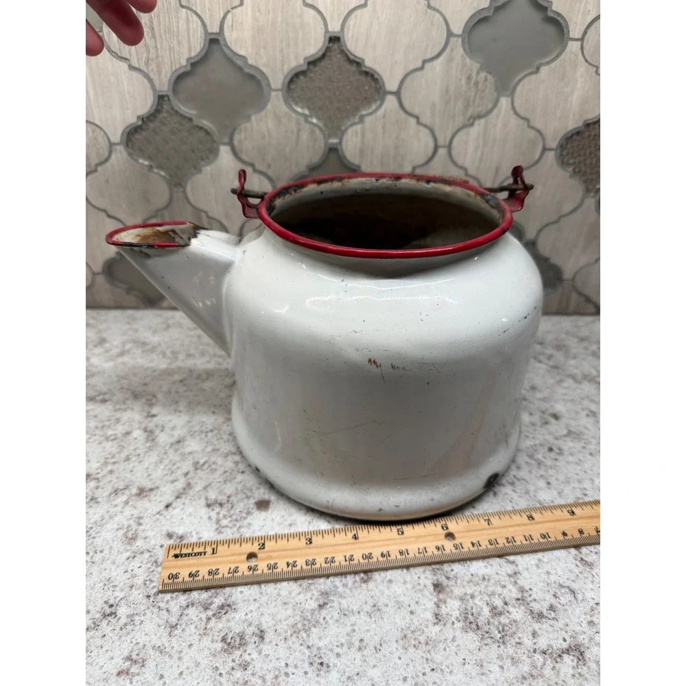 Vintage White Enamelware Tea Kettle Red Rim Wood Handle Primitive Farmhouse Deco